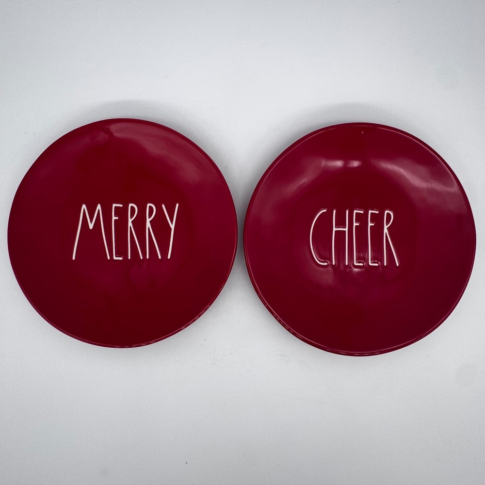 Rae Dunn Merry Cheer Plate Set of 2 Red 7.5" Holiday Christmas Artisan HTF